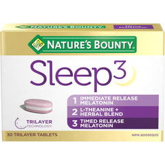 NATURE'S BOUNTY Sleep 3, Promotes Relaxation, Helps Reset Sleep-Wake Cycle, Fights Jet Lag, Helps To Fall Asleep Faster, Melatonin, L-Theanine & Herbal Blend, Tablets, 50 g