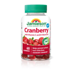 Jamieson Cranberry Gummy, 10,000 mg, 60 Cranberry Strawberry Flavoured Gummies, with Vitamin C and D-Mannose. Provides UTI Protection, Immune Support, Non-GMO, No Artificial Colours or Flavours