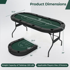 72 Inch Foldable Poker Table for 8 Players Portable Oval Card Board Game Table-Green