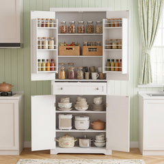 72” Tall Kitchen Cabinet, Pantry Storage Cabinet with 4 Fluted Doors and 6 Door Shelves-White