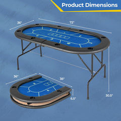 72 x 36 x 30.5 Inch Foldable Poker Table with 8 Cup Holders-Blue
