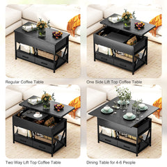 Modern Coffee Table, Lift Top Center Table with Fabric Drawers and Hidden Storage for Living Room, Distressed Black