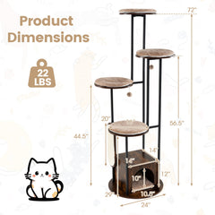 72 Inch Cat Tree with Four Round Platforms, a Wooden Condo and a Metal Frame