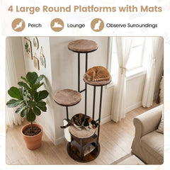 72 Inch Cat Tree with Four Round Platforms, a Wooden Condo and a Metal Frame