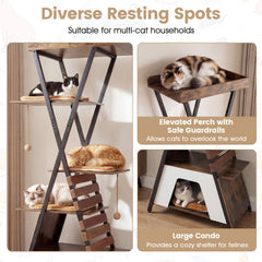 73 Inch Rustic Brown Cat Tree with an X Metal Frame and a Guardrail Perch