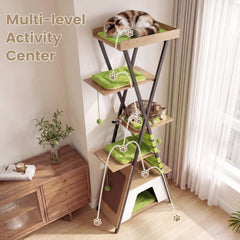 73 Inch Cat Tree on an X Frame with a Railed Perch and a Large Condo