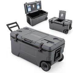 74 Quart Portable Rolling Cooler with Fish Ruler for Outdoor-Gray