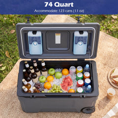 74 Quart Portable Rolling Cooler with Fish Ruler for Outdoor-Gray