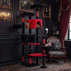 75 Inch Gothic Cat Tree with Two Cat Houses, Two Swivel Baskets and a Hammock