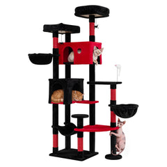 75 Inch Gothic Cat Tree with Two Cat Houses, Two Swivel Baskets and a Hammock
