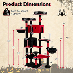 75 Inch Gothic Cat Tree with Two Cat Houses, Two Swivel Baskets and a Hammock