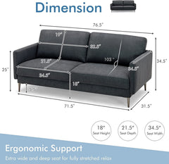 76.5 in Loveseat Sofa in Charcoal with 34.5 in Seats, CertiPUR-US Foam and a 103 Degree Backrest