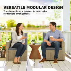 Wicker Outdoor Sofa with Side Trays, Rattan Patio Loveseat with Cushions for Garden Balcony, Light Grey
