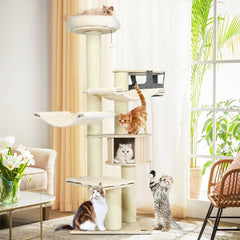 77.5 Inch Cat Tree with a Wooden Condo, Two Hammocks and 6 Inch Posts