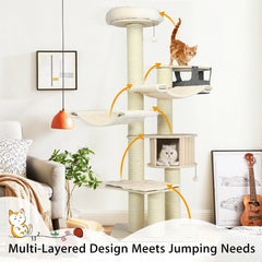 77.5 Inch Cat Tree with a Wooden Condo, Two Hammocks and 6 Inch Posts