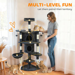 62" Cat Tree with Scratching Post, 2 Condos, Hammock, Perches, Plush, Pompoms, for Indoor Cats, Beige