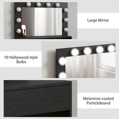 Vanity Table, Makeup Dressing Table with LED Lighting Mirror, Drawers, for Bedroom, Black