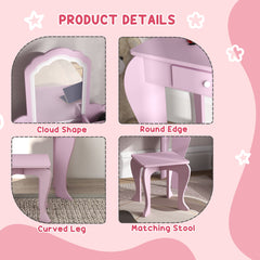 Makeup Vanity with Mirror and Stool, Cloud Design, Drawer, Storage Boxes, for 3-6 Years Old, Pink