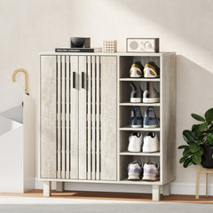 Shoe Storage with Double Doors and Open Shelves 17 Pair Shoe Storage Organizer for Entryway Hallway Black