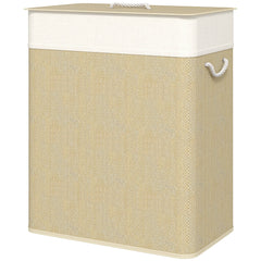 Double Laundry Basket with Lid, 100L Bamboo Laundry Hamper with Rope Handles and Removable Bags, Brown
