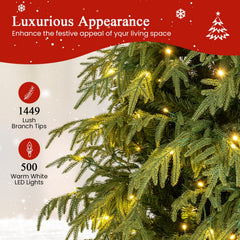 7.5 FT Pre-Lit Artificial Christmas Tree, Dual Layer TPE and PVC, 1449 Tips, 500 Warm White LEDs