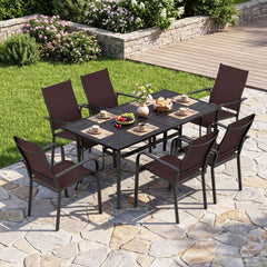 7 Piece Metal Patio Dining Set for 6, 63 Inch Powder Coated Table and Six Stacking Mesh Armchairs, Brown