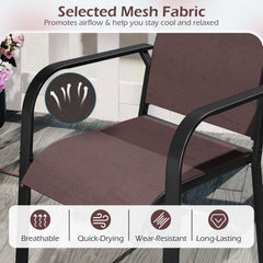 7 Piece Metal Patio Dining Set for 6, 63 Inch Powder Coated Table and Six Stacking Mesh Armchairs, Brown