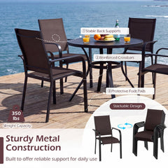 7 Piece Metal Patio Dining Set for 6, 63 Inch Powder Coated Table and Six Stacking Mesh Armchairs, Brown