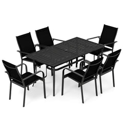 7 Piece Metal Patio Dining Set for 6, 63 Inch Table with Dual Size Umbrella Hole and Six Stacking Mesh Armchairs, Black