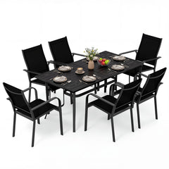 7 Piece Metal Patio Dining Set for 6, 63 Inch Table with Dual Size Umbrella Hole and Six Stacking Mesh Armchairs, Black