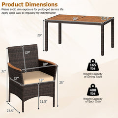 7 Piece Wicker Patio Dining Set for 6, 56 Inch Acacia Top Table and Six Deep Cushioned Armchairs, Brown