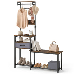 7-in-1 Hall Tree with Shoe Bench and Hooks and Removable Drawer for Entryway-Rustic Brown