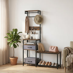 7-in-1 Hall Tree with Shoe Bench and Hooks and Removable Drawer for Entryway-Rustic Brown