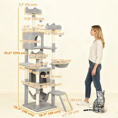 76" Large Cat Tree for Indoor Cats with 8 Scratching Posts, 3 Plush Beds, 2 Hammocks, 2 Large Condos, Ramp, Dark Grey