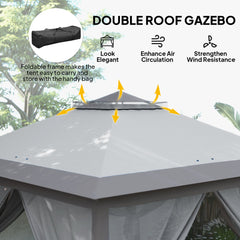 11' x 11' Pop Up Gazebo, Double Roof Foldable Height Adjustable Canopy Tent with Mesh Sidewalls, Carrying Bag, Beige
