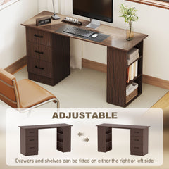 Computer Desk, 47" Writing Table with 3-Tier Shelves and 3 Reversible Drawers for Home Office, Bedroom, Black