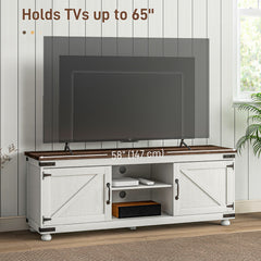 Farmhouse TV Stand Small Minimalist Barn Doors Cable Management for 65" TV Small Space Apartment Distressed White
