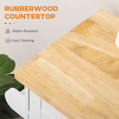 Kitchen Island with Storage, Rolling Cart Trolley with Rubberwood Top, Adjustable Shelf, Drawer, Spice Rack, White