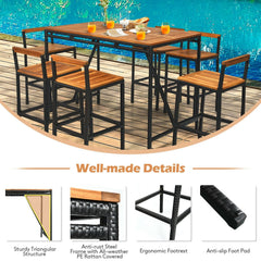 7 Piece Acacia and Rattan Patio Bar Set, 55 Inch High Table with 1.9 Inch Umbrella Hole and 6 Backed Bar Stools