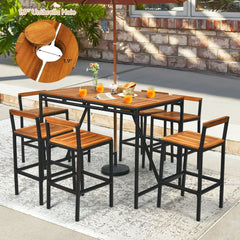 7 Piece Acacia and Rattan Patio Bar Set, 55 Inch High Table with 1.9 Inch Umbrella Hole and 6 Backed Bar Stools