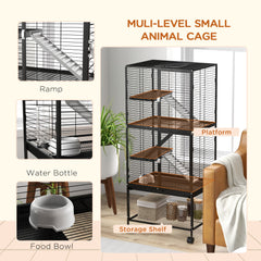 Rolling Small Animal Cage 34"H Chinchilla Cage for Ferrets, Squirrels w/ Removable Tray, Storage Shelf, Black