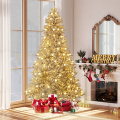 8 FT Silver Flocked Pre-Lit Christmas Tree, 1273 Tips, 81 Frosted Sphere Lights and Remote