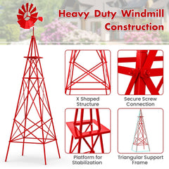8 Feet Windmill Metal Ornamental Wind Wheel Weather Resistant-Red
