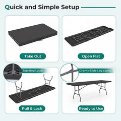 8 ft Portable Folding Table 350 LBS Fold-in-Half Table with HDPE Tabletop-Black