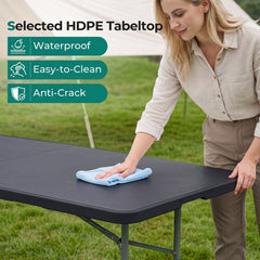 8 ft Portable Folding Table 350 LBS Fold-in-Half Table with HDPE Tabletop-Black