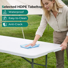 8 ft Portable Folding Table 350 LBS Fold-in-Half Table with HDPE Tabletop-White
