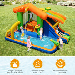 8-in-1 Inflatable Jumping Castle with Water Slide, Splash Pool and 520W Blower, Ages 3 to 12