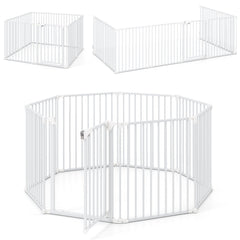 8-Panel Extra Wide Baby Gate Adjustable Pet Safety Fence with Auto-close Door-White