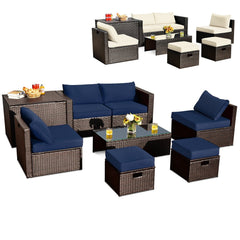 8 Piece Wicker Patio Set with Storage Box, Ottomans and Two Cushion Cover Sets