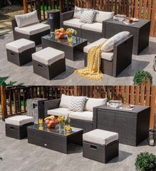 8 Piece Wicker Patio Set with Storage Box, Ottomans and Two Cushion Cover Sets